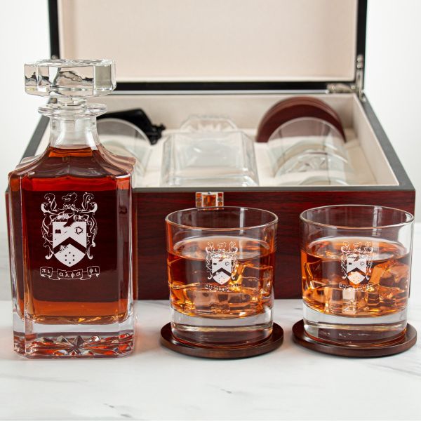 Custom Engraved Pi Alpha Phi - Personalized Whiskey Decanter Set In Cherry Wood Gift Box - Coat of Arms