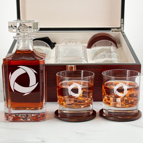 Custom Engraved Pi Alpha Phi - Personalized Whiskey Decanter Set In Cherry Wood Gift Box - Brotherhood Ring