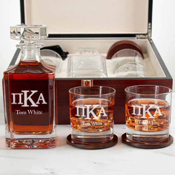 Custom Engraved Pi Kappa Alpha - Personalized Whiskey Decanter Set In Cherry Wood Gift Box - Fraternity Letterform