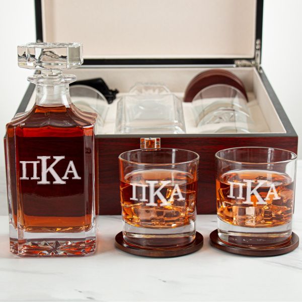 Custom Engraved Pi Kappa Alpha - Personalized Whiskey Decanter Set In Cherry Wood Gift Box - Fraternity Letterform