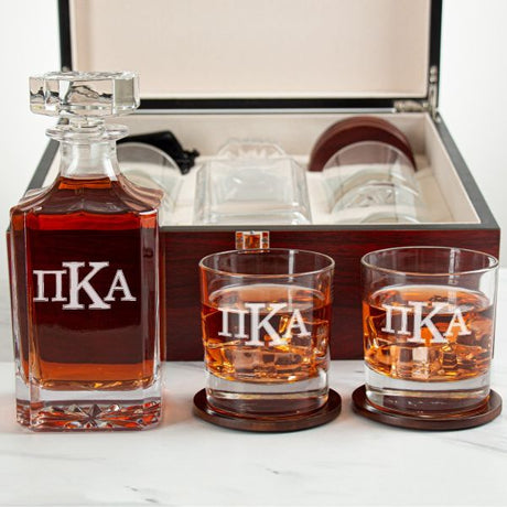 Custom Engraved Pi Kappa Alpha - Personalized Whiskey Decanter Set In Cherry Wood Gift Box - Fraternity Letterform