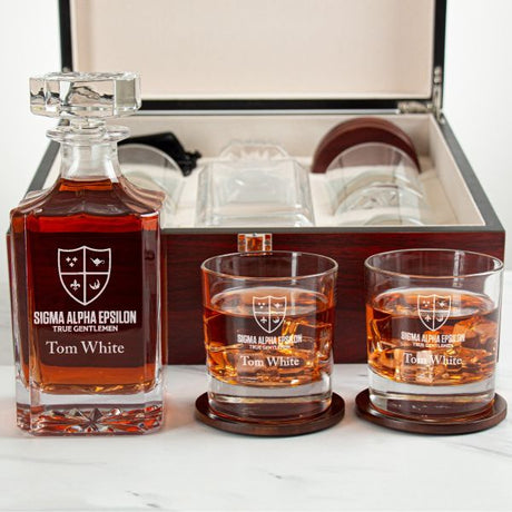 Custom Engraved Sigma Alpha Epsilon - Personalized Whiskey Decanter Set In Cherry Wood Gift Box - Primary Fraternity Logo
