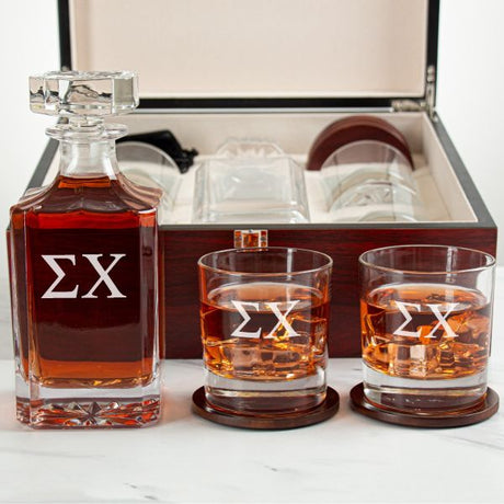 Custom Engraved Sigma Chi - Personalized Whiskey Decanter Set In Cherry Wood Gift Box