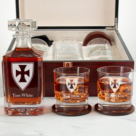 Custom Engraved Sigma Chi - Personalized Whiskey Decanter Set In Cherry Wood Gift Box - Fraternity Shield