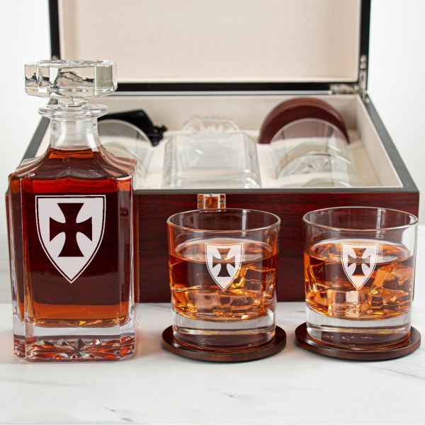 Custom Engraved Sigma Chi - Personalized Whiskey Decanter Set In Cherry Wood Gift Box - Fraternity Shield