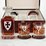 Custom Engraved Sigma Chi - Personalized Whiskey Decanter Set In Cherry Wood Gift Box - Fraternity Shield