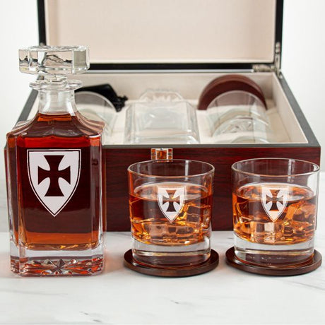Custom Engraved Sigma Chi - Personalized Whiskey Decanter Set In Cherry Wood Gift Box - Fraternity Shield