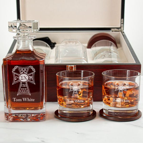 Custom Engraved Sigma Chi - Personalized Whiskey Decanter Set In Cherry Wood Gift Box - Fraternity Badge