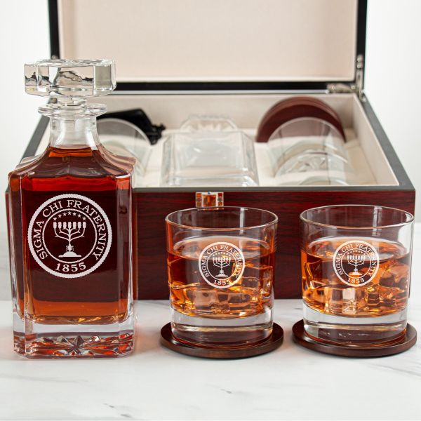 Custom Engraved Sigma Chi - Personalized Whiskey Decanter Set In Cherry Wood Gift Box - Fraternity Seal