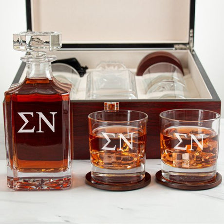Custom Engraved Sigma Nu - Personalized Whiskey Decanter Set In Cherry Wood Gift Box