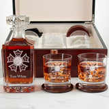 Custom Engraved Sigma Nu - Personalized Whiskey Decanter Set In Cherry Wood Gift Box - Fraternity Badge