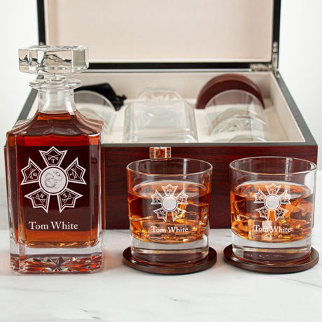 Custom Engraved Sigma Nu - Personalized Whiskey Decanter Set In Cherry Wood Gift Box - Fraternity Badge