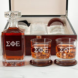 Custom Engraved Sigma Phi Epsilon - Personalized Whiskey Decanter Set In Cherry Wood Gift Box