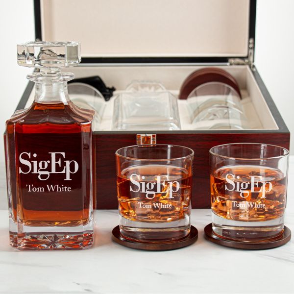 Custom Engraved Sigma Phi Epsilon - Personalized Whiskey Decanter Set In Cherry Wood Gift Box - Primary Fraternity Logo