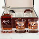 Custom Engraved Sigma Phi Epsilon - Personalized Whiskey Decanter Set In Cherry Wood Gift Box - Primary Fraternity Logo