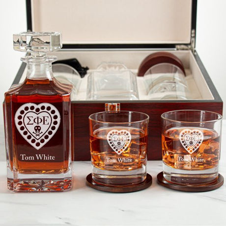 Custom Engraved Sigma Phi Epsilon - Personalized Whiskey Decanter Set In Cherry Wood Gift Box - Fraternity Founders Badge