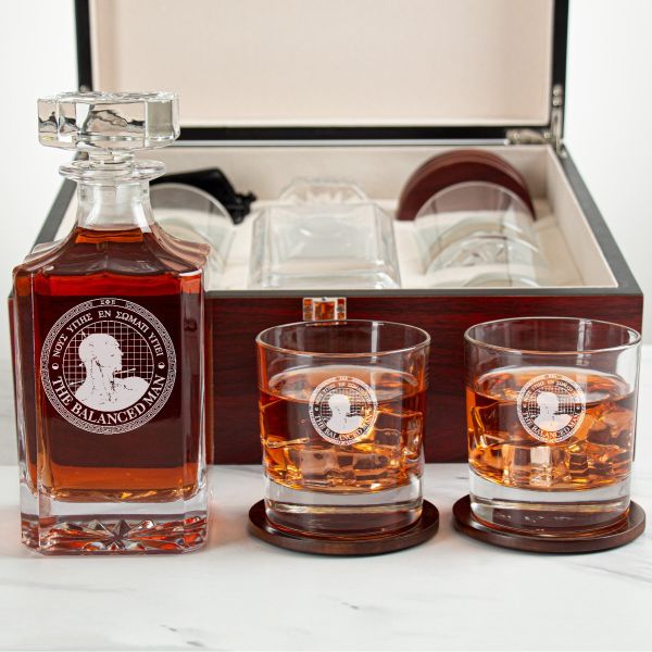 Custom Engraved Sigma Phi Epsilon - Personalized Whiskey Decanter Set In Cherry Wood Gift Box - The Balanced Man