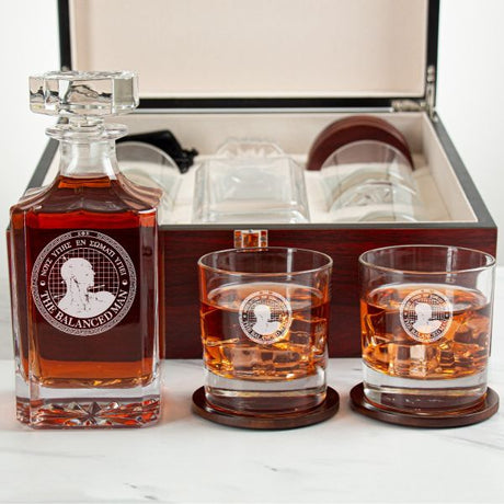 Custom Engraved Sigma Phi Epsilon - Personalized Whiskey Decanter Set In Cherry Wood Gift Box - The Balanced Man