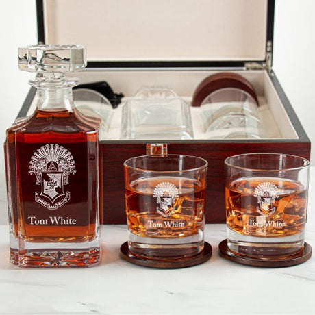 Custom Engraved Sigma Pi - Personalized Whiskey Decanter Set In Cherry Wood Gift Box - Coat of Arms