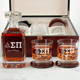 Custom Engraved Sigma Pi - Personalized Whiskey Decanter Set In Cherry Wood Gift Box - Standard Icon with Greek Letters