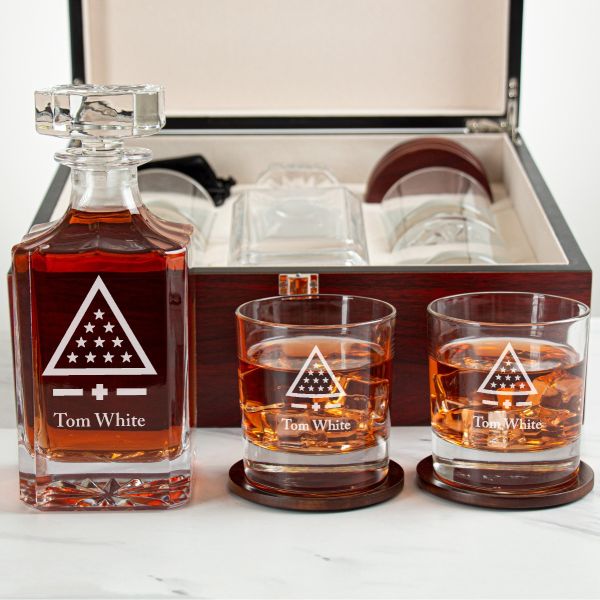 Custom Engraved Sigma Pi - Personalized Whiskey Decanter Set In Cherry Wood Gift Box - Standard Icon