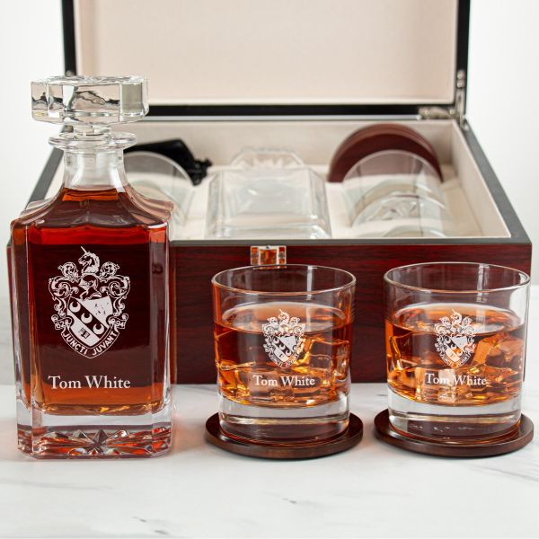 Custom Engraved Theta Xi - Personalized Whiskey Decanter Set In Cherry Wood Gift Box - Coat of Arms