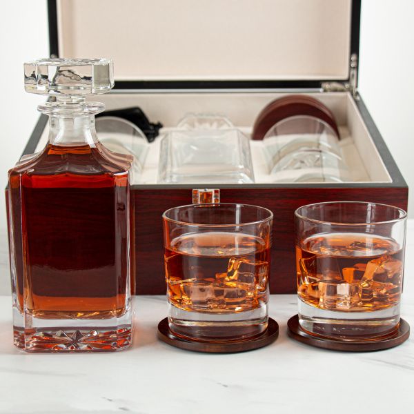 Cherry Wood Box Decanter Set With 4 Rocks Glasses