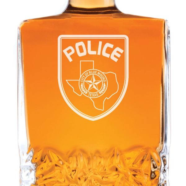 Custom Engraved Police Badges  - Personalized Excalibur Decanter Set - City of Blue Mound TX Police Badge