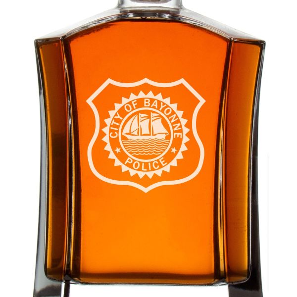 Custom Engraved Police Badges  - Custom Crown Decanter Set - City of Bayonne NJ Patch