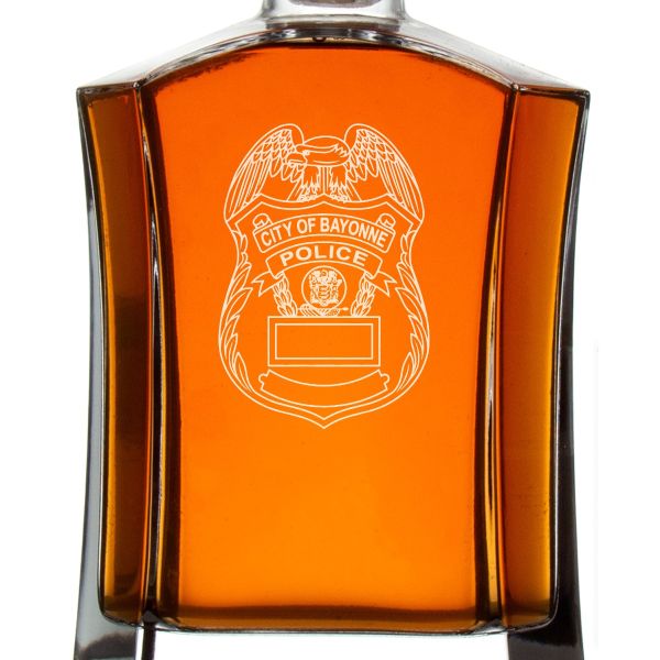 Custom Engraved Police Badges  - Custom Crown Decanter Set - City of Bayonne NJ Police Badge