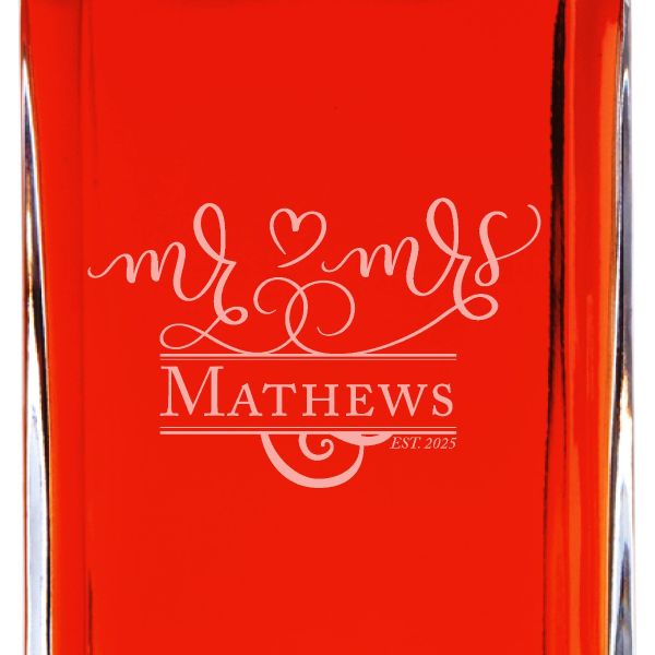 Custom Engraved Fancy Mr & Mrs with Heart - Personalized Whiskey Decanter In Wood Gift Box