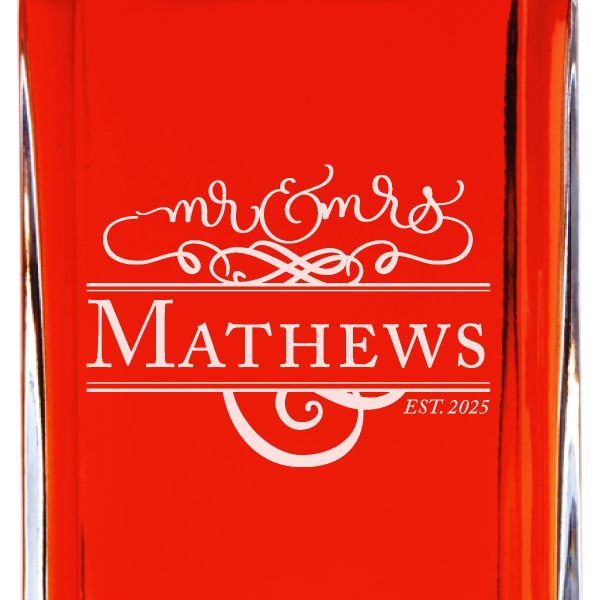 Custom Engraved Fancy Mr & Mrs  - Personalized Whiskey Decanter In Wood Gift Box
