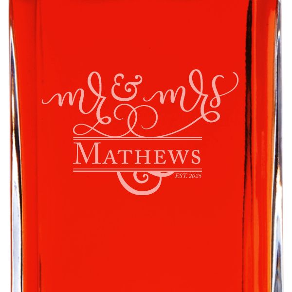 Custom Engraved Fancy Scroll Mr & Mrs  - Personalized Whiskey Decanter In Wood Gift Box