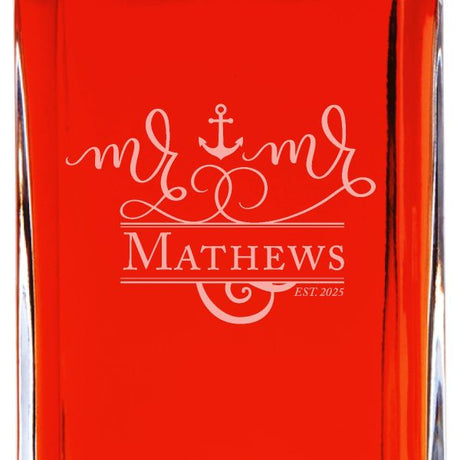 Custom Engraved Anchor Mr & Mrs  - Personalized Whiskey Decanter In Wood Gift Box