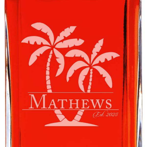 Custom Engraved Palm Tree  - Personalized Whiskey Decanter In Wood Gift Box