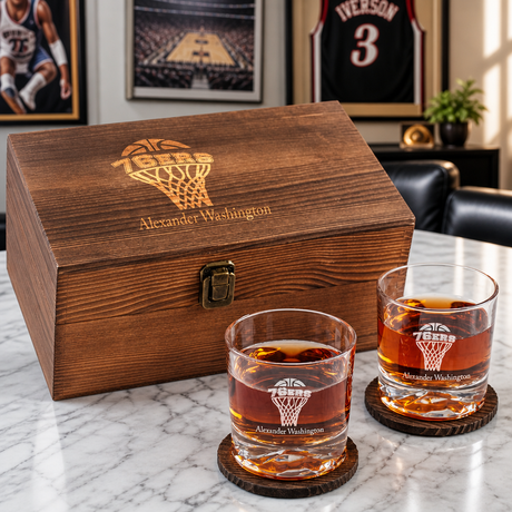 Custom Engraved 76ers Basketball Net - Basketball Fanatic Gift Ideas - Personalized Whiskey Glasses In Wood Gift Box