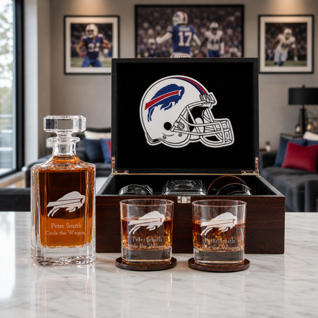 Customized Engraved Dark Brown Wood Box Decanter Set With Rocks Glasses - NFL Buffalo Bills