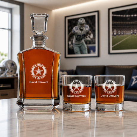 Dallas Cowboys Emblem Decanter Gift Set - Football Fanatic Gift Ideas - Crown Classic Personalized Whiskey Decanter Set