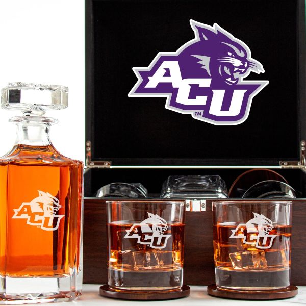 Customized Engraved Dark Brown Wood Box Decanter Set With Rocks Glasses - NCAA Abilene Christian University Wildcats