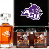 Customized Engraved Dark Brown Wood Box Decanter Set With Rocks Glasses - NCAA Abilene Christian University Wildcats