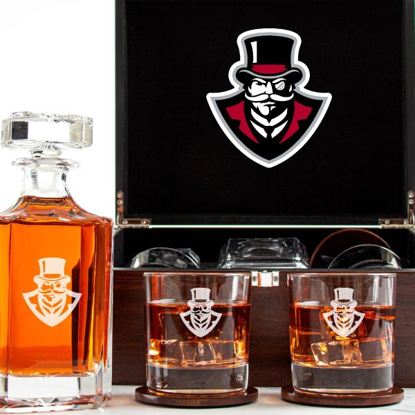 Customized Engraved Dark Brown Wood Box Decanter Set With Rocks Glasses - NCAA Austin Peay State University Governors