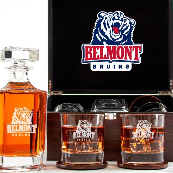 Customized Engraved Dark Brown Wood Box Decanter Set With Rocks Glasses - NCAA Belmont University Bruins