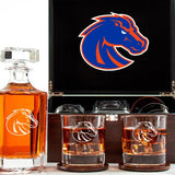 Customized Engraved Dark Brown Wood Box Decanter Set With Rocks Glasses - NCAA Boise State University Broncos