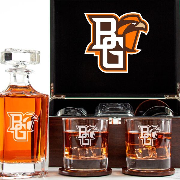 Customized Engraved Dark Brown Wood Box Decanter Set With Rocks Glasses - NCAA Bowling Green State University Falcons