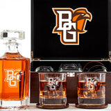 Customized Engraved Dark Brown Wood Box Decanter Set With Rocks Glasses - NCAA Bowling Green State University Falcons