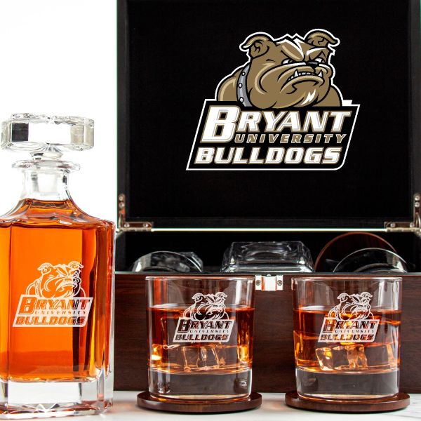 Customized Engraved Dark Brown Wood Box Decanter Set With Rocks Glasses - NCAA Bryant University Bulldogs