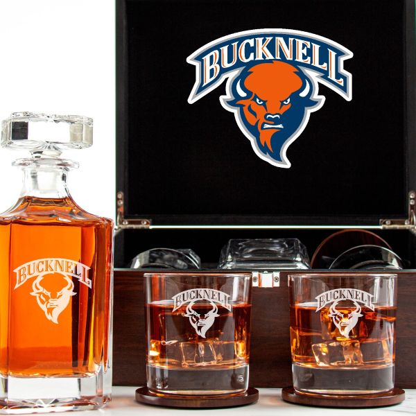 Customized Engraved Dark Brown Wood Box Decanter Set With Rocks Glasses - NCAA Bucknell Bison