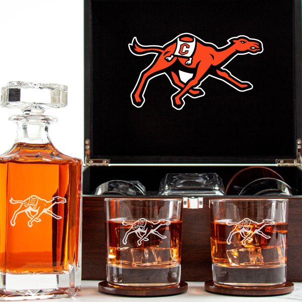 Customized Engraved Dark Brown Wood Box Decanter Set With Rocks Glasses - NCAA Campbell Fighting Camels