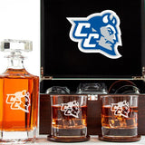 Customized Engraved Dark Brown Wood Box Decanter Set With Rocks Glasses - NCAA Central Connecticut Blue Devils