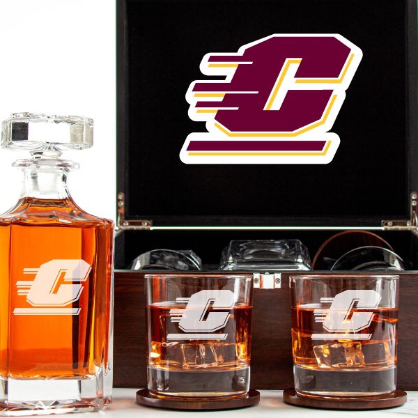 Customized Engraved Dark Brown Wood Box Decanter Set With Rocks Glasses - NCAA Central Michigan Chippewas